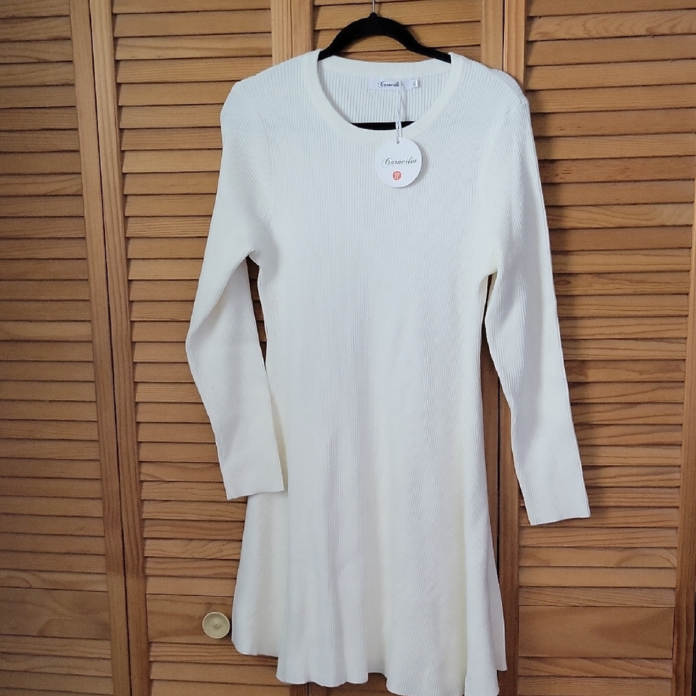Caracilia NWT Ivory Cream Rib Knit Skater Swing U Neck Dress Size XL